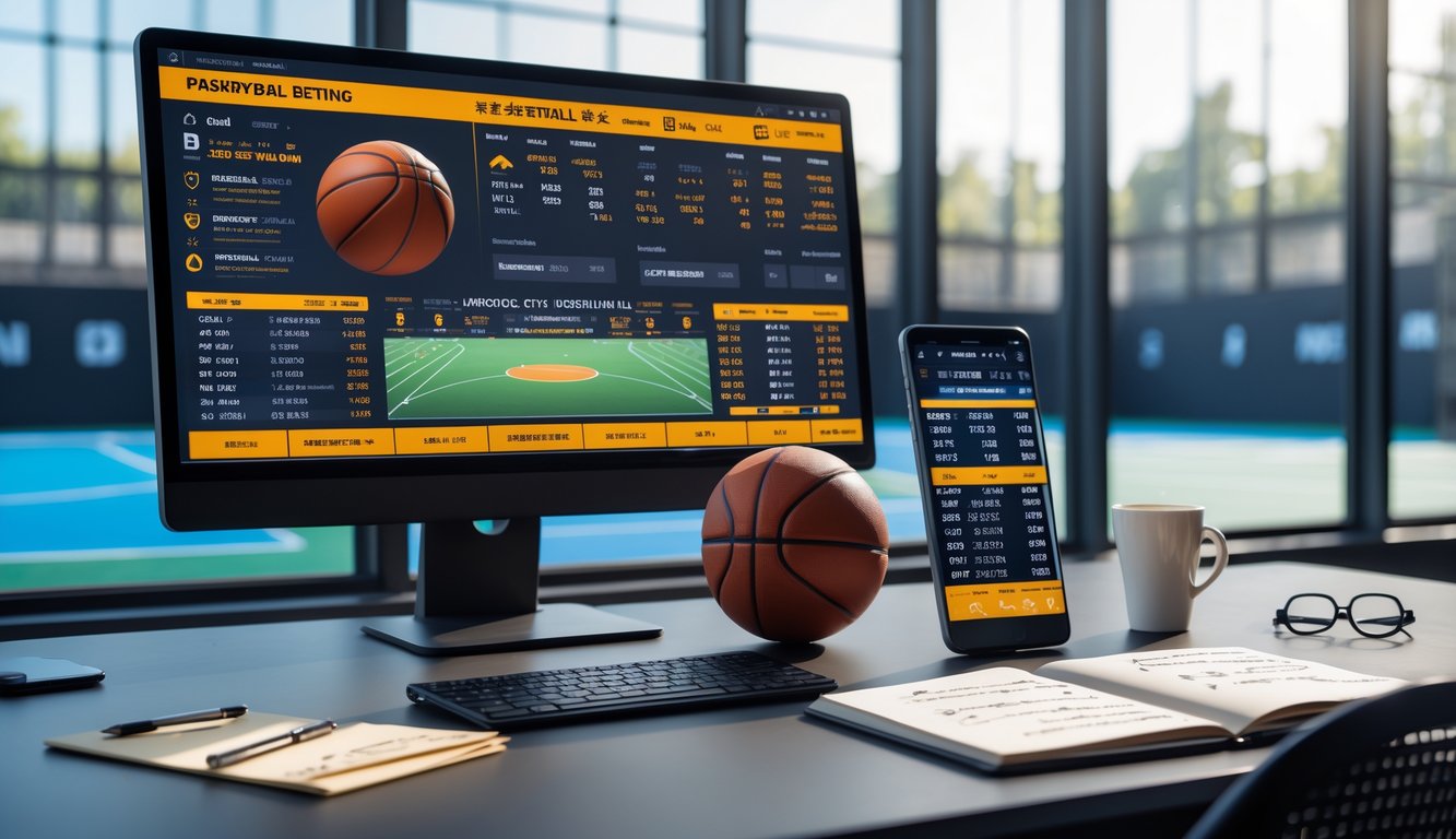 Sebuah ruang kerja modern dengan komputer menampilkan statistik basket dan smartphone yang memperlihatkan pertandingan basket langsung, dengan pemandangan lapangan basket di luar jendela.