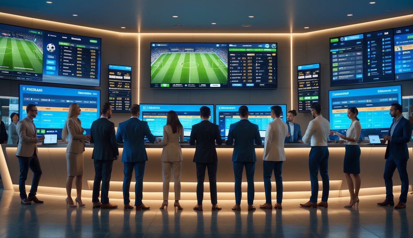 Sekelompok orang dewasa di ruangan modern sedang melihat layar besar dengan pertandingan sepak bola dan statistik taruhan.