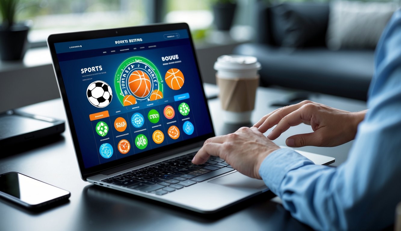 Seseorang menggunakan laptop di meja dengan tampilan situs taruhan olahraga online yang berwarna-warni, dikelilingi ponsel dan cangkir kopi.