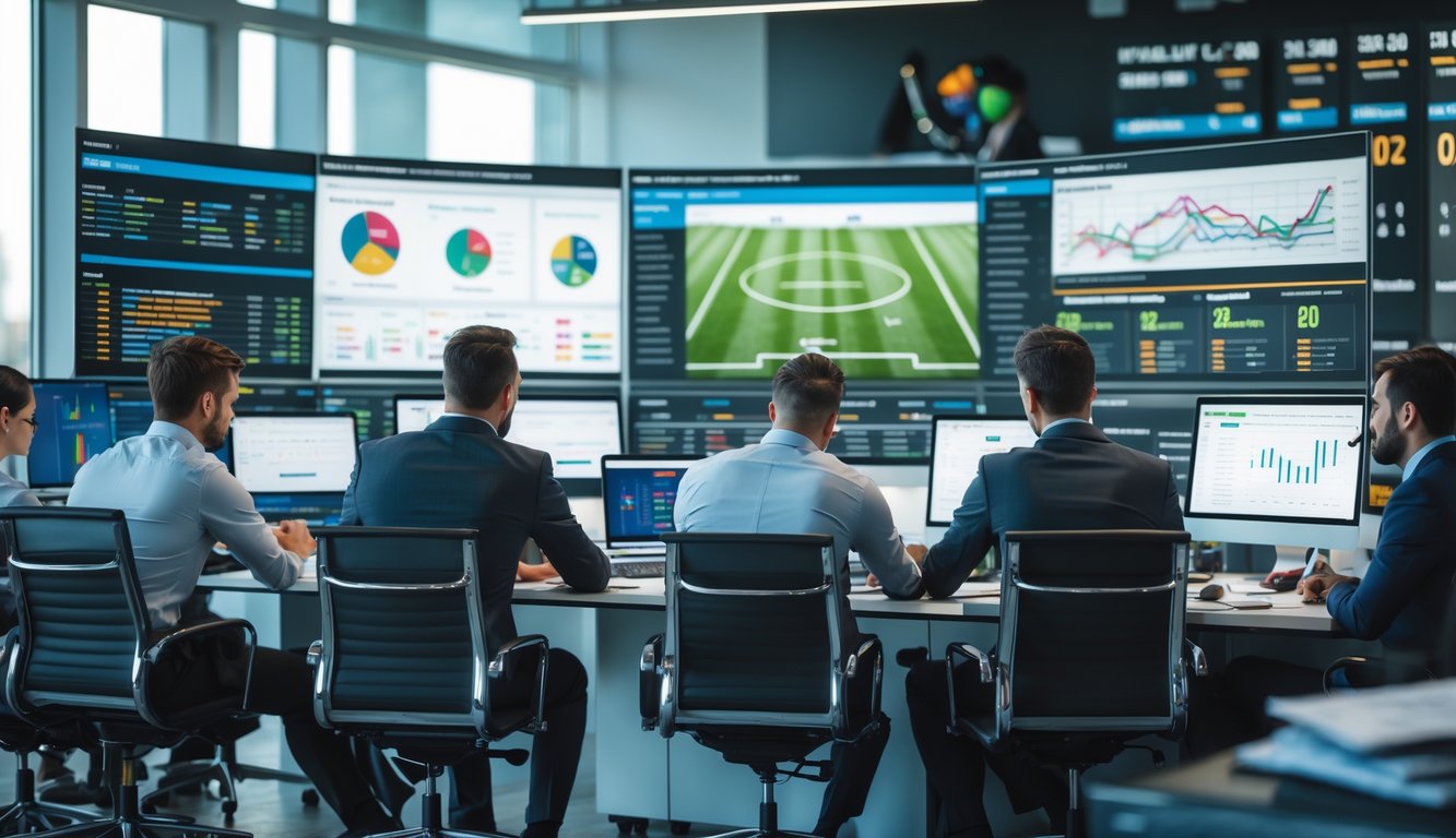 Sekelompok profesional sedang menganalisis data sepak bola di kantor modern dengan layar komputer besar dan dokumen di meja.
