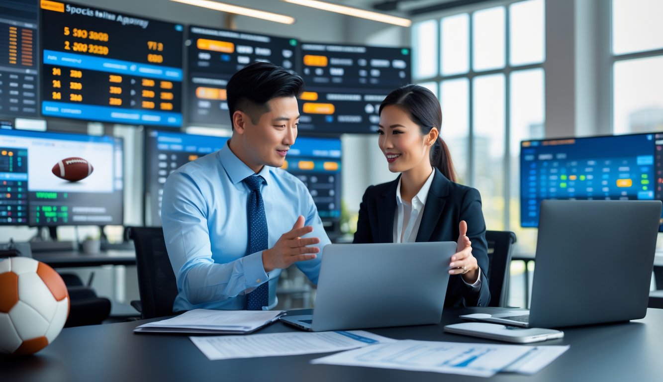 Dua profesional bisnis berdiskusi di kantor dengan layar yang menampilkan statistik dan peluang taruhan olahraga.