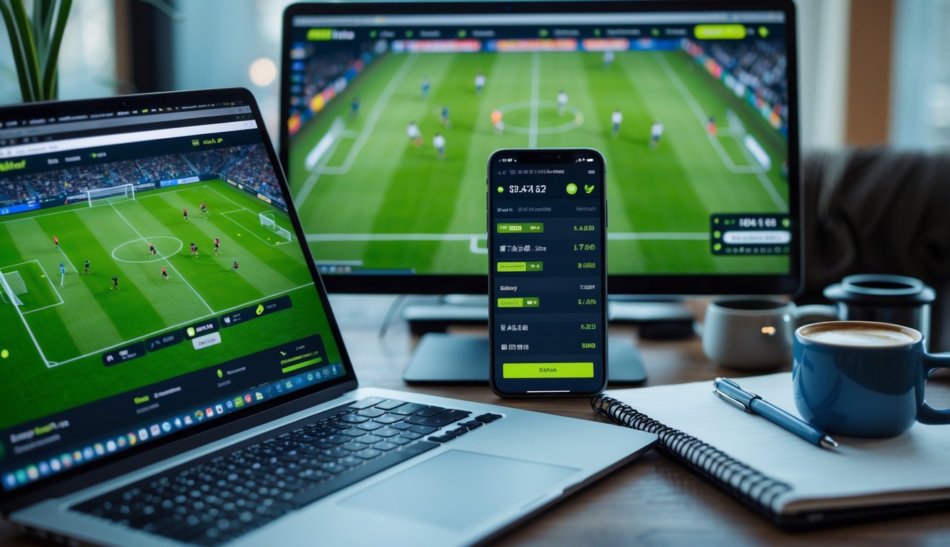 Seorang pria menggunakan laptop dan ponsel untuk memasang taruhan pada pertandingan sepak bola secara online di meja kerja.