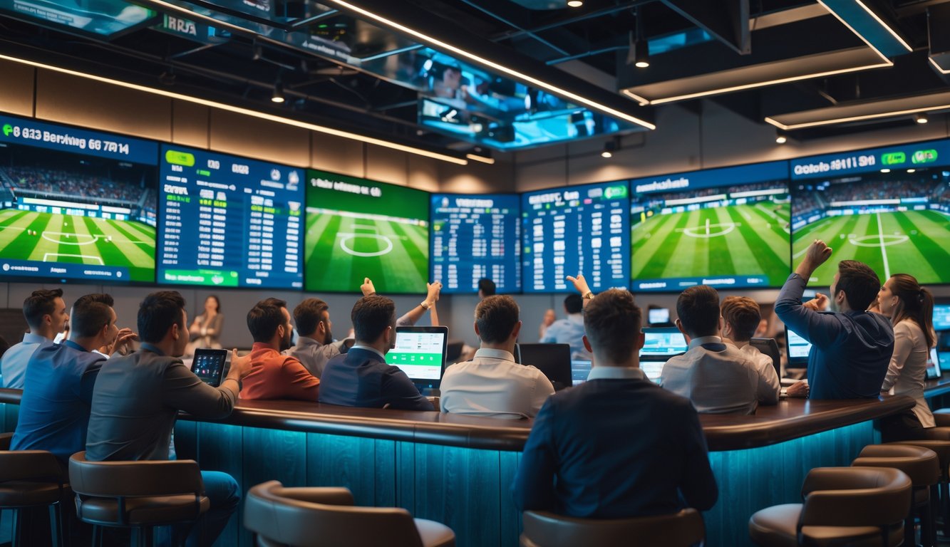 Sekelompok orang menonton pertandingan sepak bola langsung di sebuah ruang taruhan olahraga modern dengan layar besar dan perangkat digital.