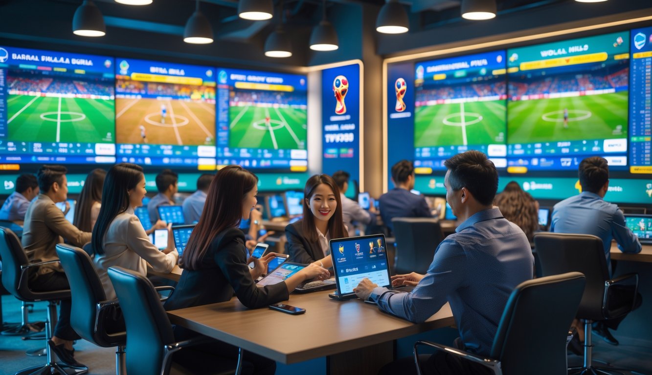 Orang-orang di ruang taruhan bola menonton pertandingan Piala Dunia dan memasang taruhan menggunakan perangkat digital.