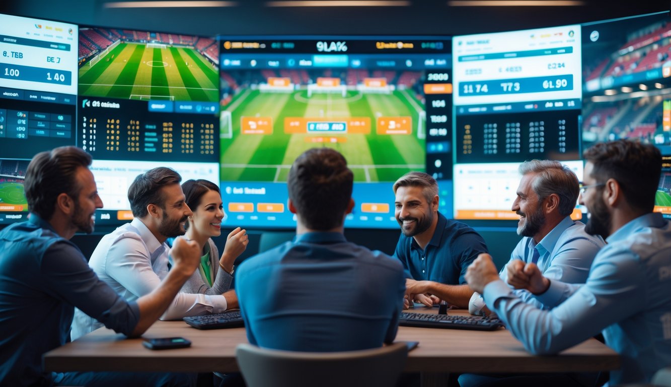 Orang-orang sedang menggunakan layar digital untuk melihat statistik dan peluang pertandingan sepak bola dalam ruangan modern.