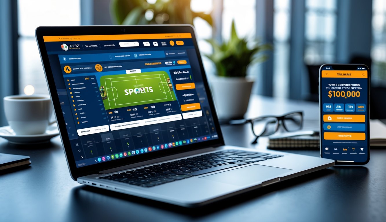 Meja kerja modern dengan laptop dan ponsel yang menampilkan aplikasi taruhan olahraga dan bonus deposit.