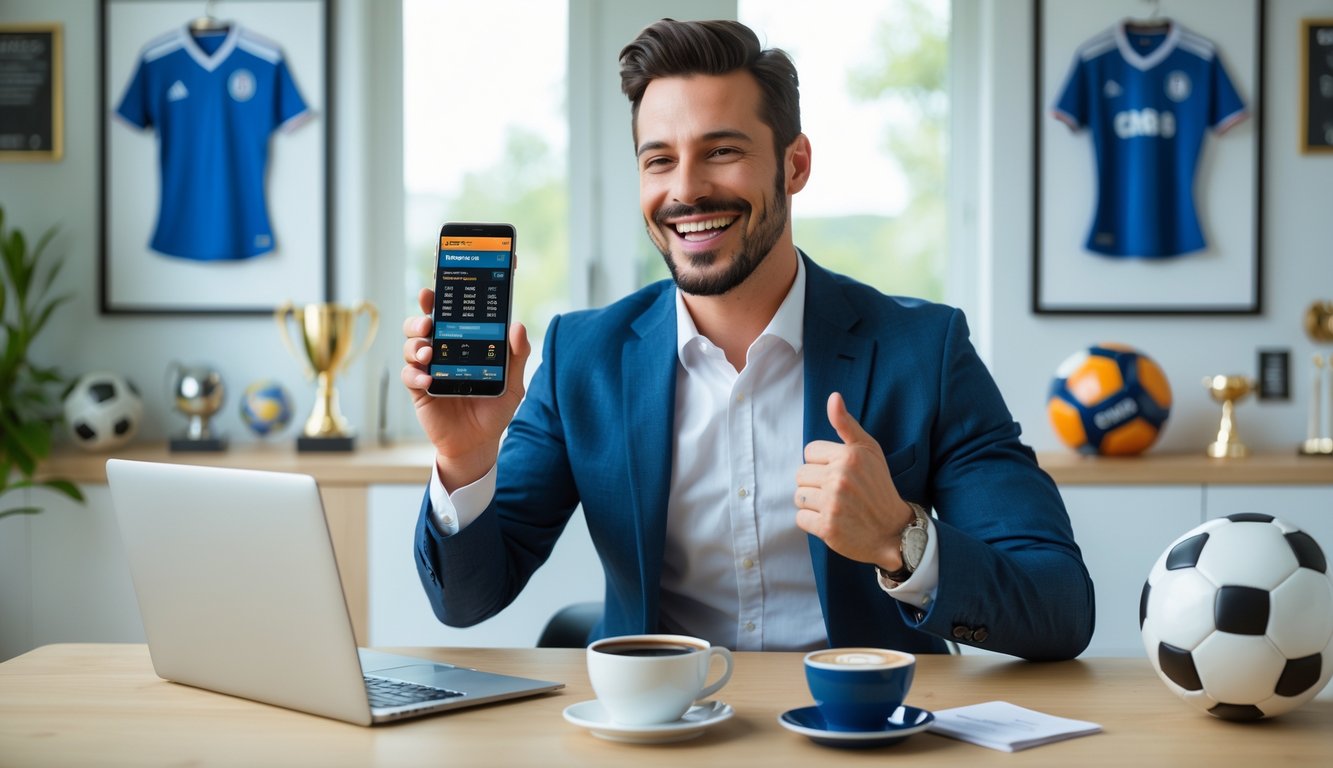 Seorang pria tersenyum gembira sambil memegang ponsel dengan layar taruhan bola, duduk di meja modern dengan laptop dan bola sepak di dekatnya.