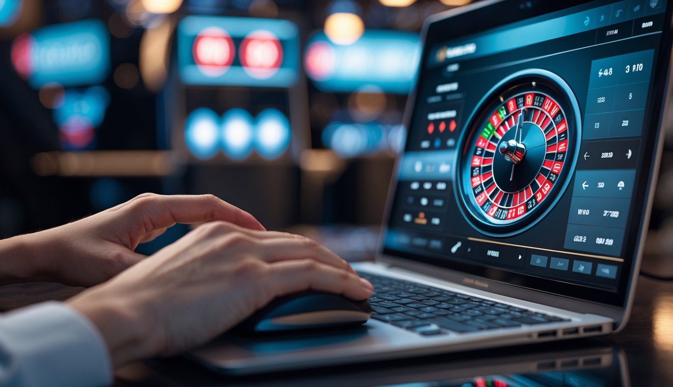 Seseorang bermain roulette online di komputer dengan tampilan meja roulette yang jelas dan latar belakang yang elegan.