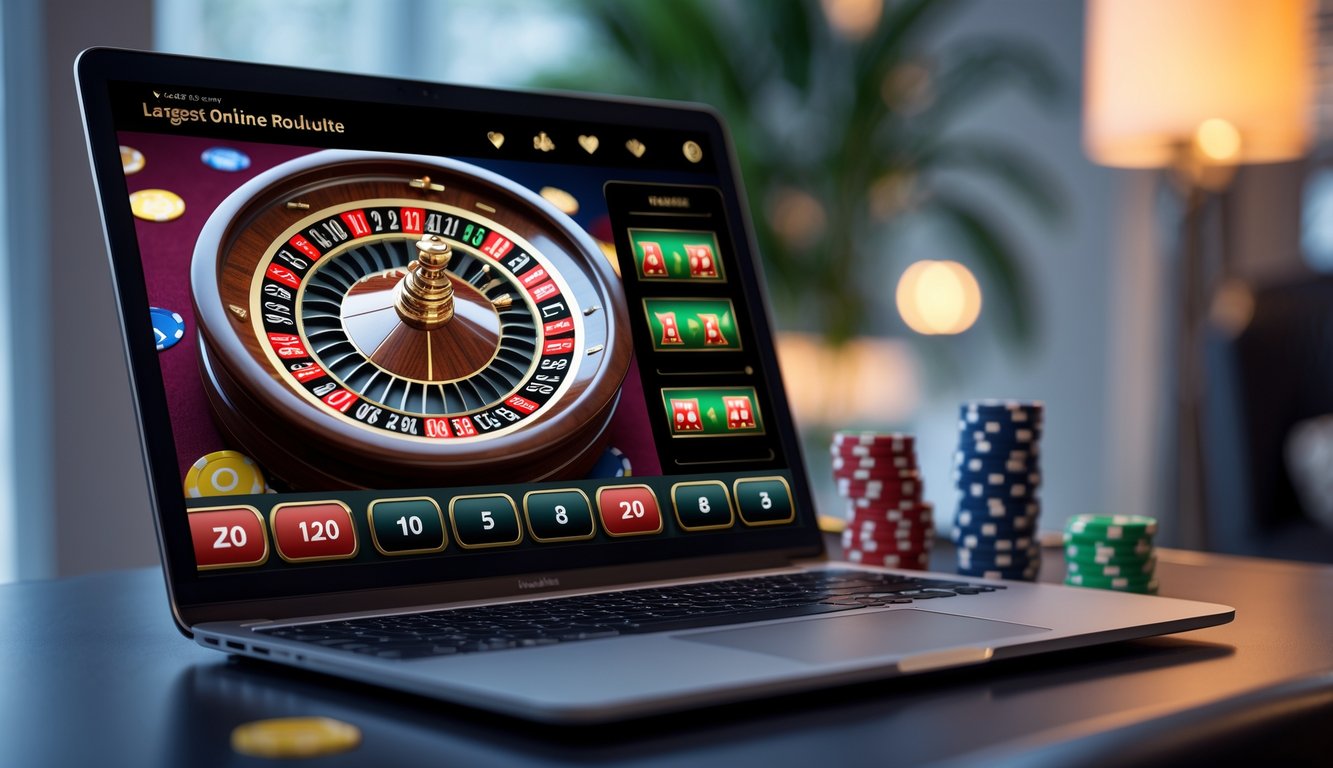 Layar laptop menampilkan permainan roulette online dengan roda roulette berwarna merah dan hitam yang berputar, di latar belakang suasana ruangan yang elegan dengan pencahayaan lembut.