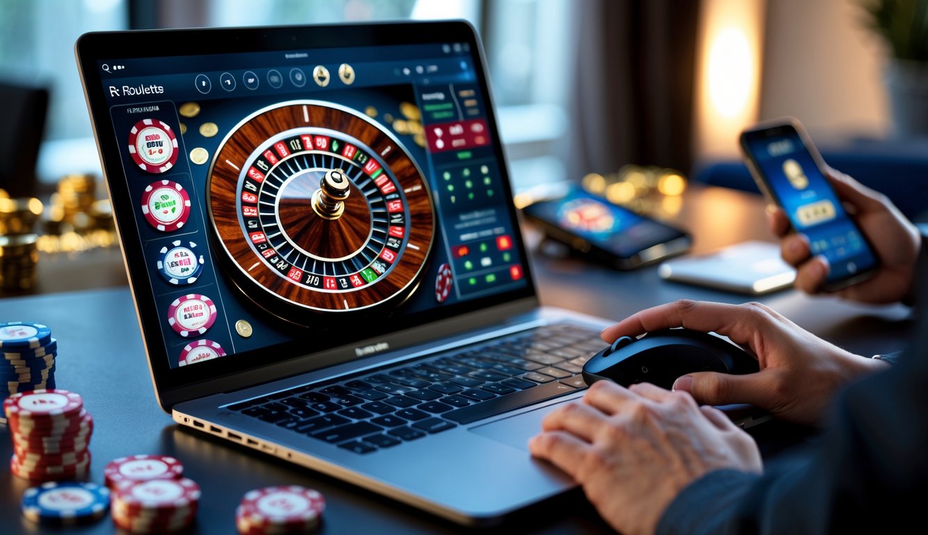 Seseorang bermain roulette online di laptop dengan chip kasino dan ponsel di meja.