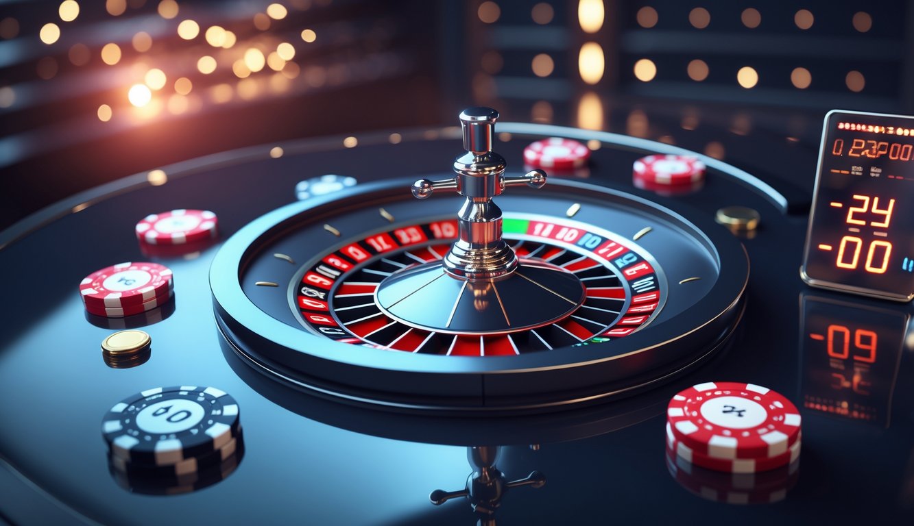 Tampilan antarmuka permainan roulette online dengan roda roulette digital dan meter jackpot progresif yang menyala.