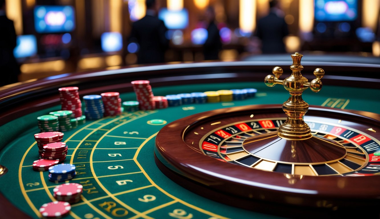 Meja roulette kasino dengan roda yang berputar dan tumpukan chip di sekitarnya dalam suasana kasino yang mewah.