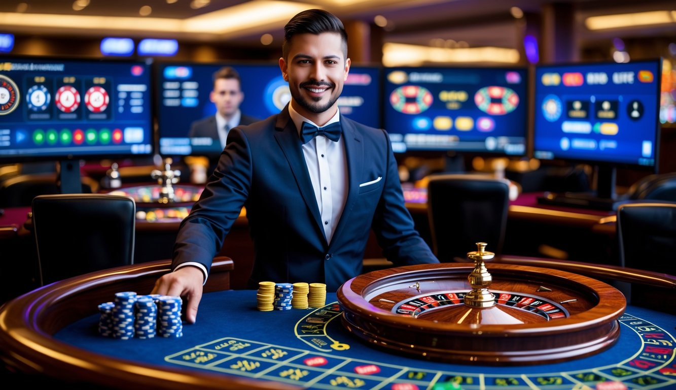Seorang dealer langsung yang ramah berdiri di belakang meja roulette dengan roda roulette berputar dan chip taruhan, di depan beberapa monitor komputer yang menampilkan permainan kasino online.