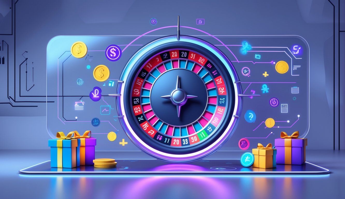 Antarmuka digital modern dengan roda roulette berwarna cerah yang berputar di layar sentuh futuristik, dikelilingi oleh ikon promosi dan hadiah.
