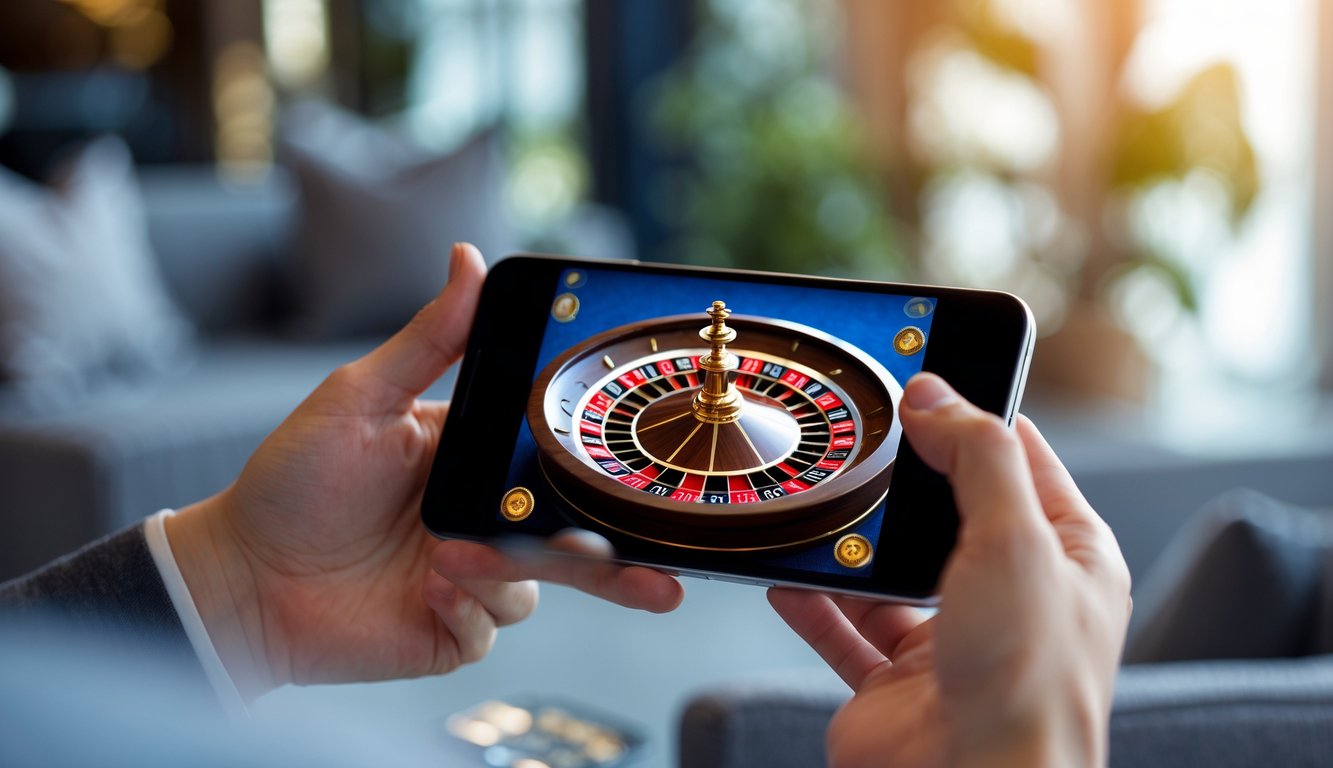 Seseorang memegang ponsel yang menampilkan permainan roulette digital dengan latar belakang ruangan yang nyaman.