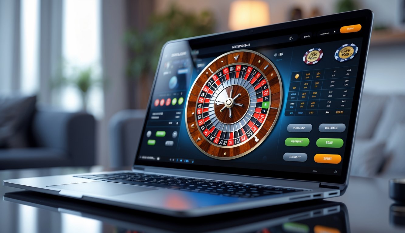 Sebuah komputer menampilkan permainan roulette online dengan roda roulette berputar di layar dalam suasana ruang kerja yang nyaman.