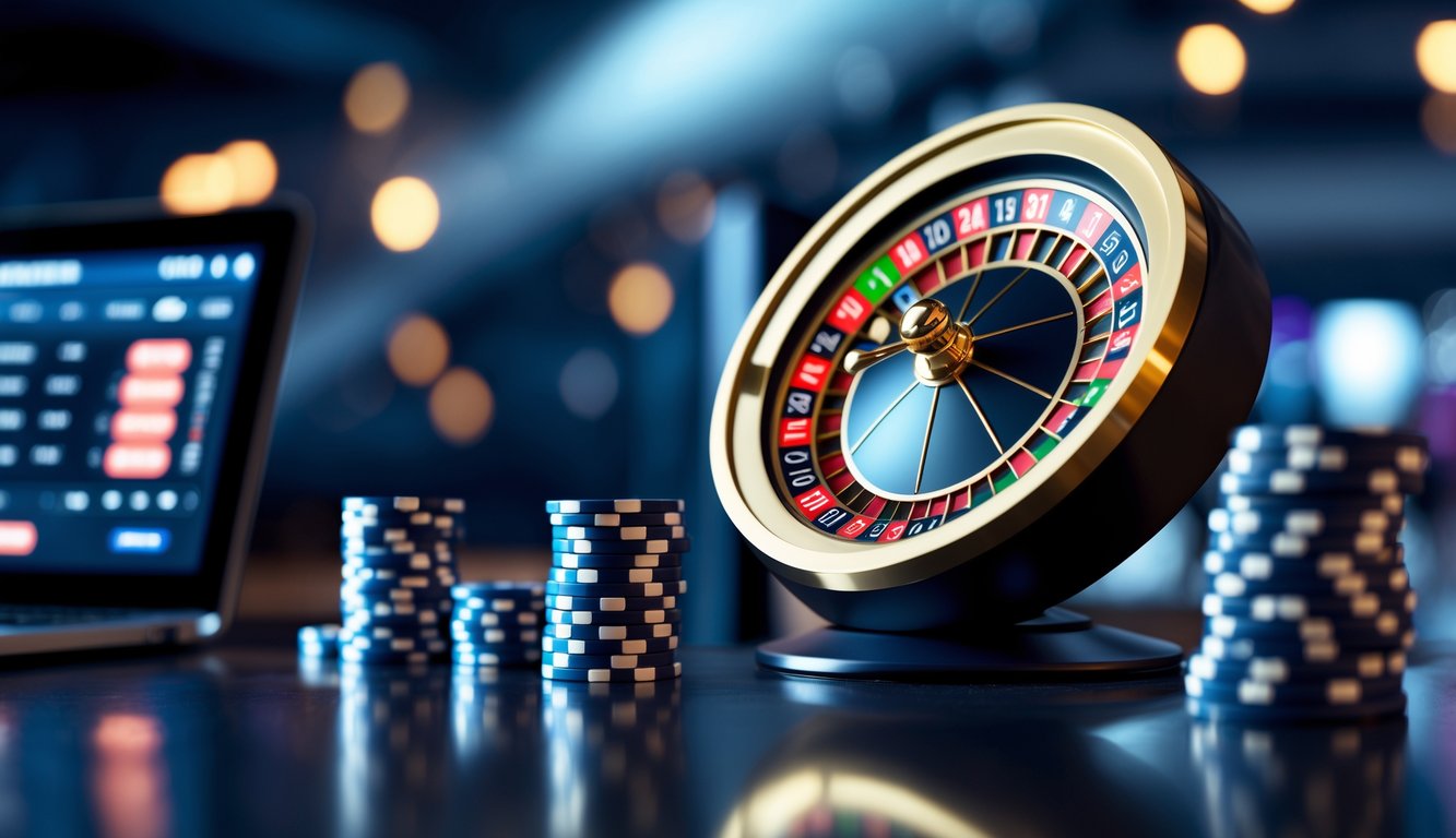Sebuah meja roulette digital dengan roda roulette di layar komputer dan chip digital di sekitar, menunjukkan suasana permainan roulette online terbaik.