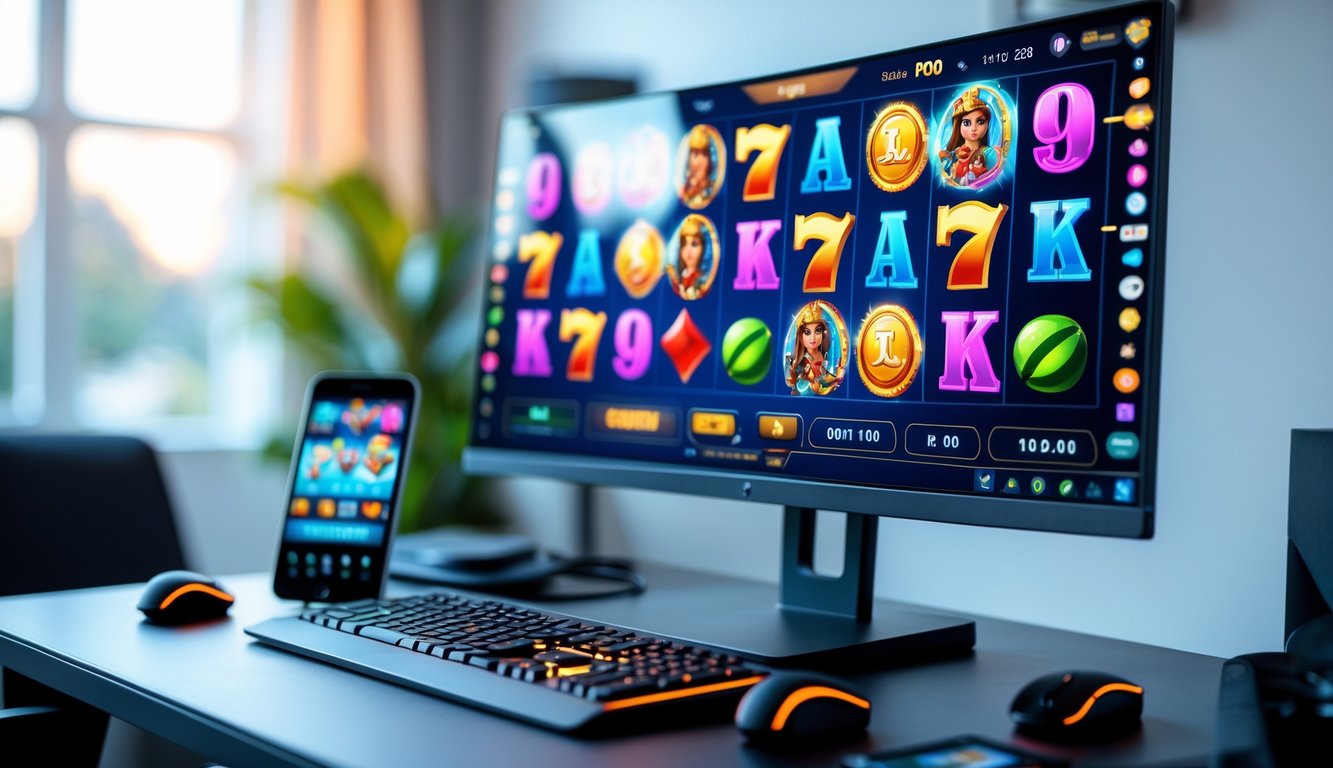 Sebuah meja komputer modern dengan layar menampilkan permainan slot online yang berwarna-warni dan perangkat permainan di sekitarnya.