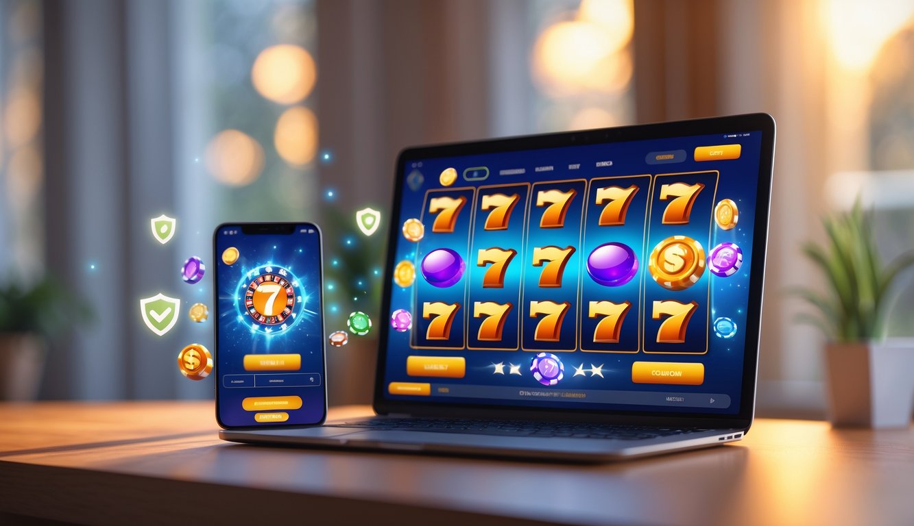 Laptop dan smartphone di atas meja kayu menampilkan antarmuka permainan slot online dengan simbol warna-warni dan ikon keamanan di sekitarnya.