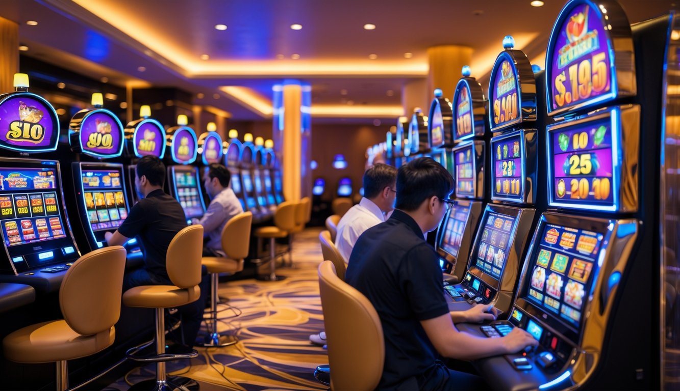 Area mesin slot kasino modern dengan beberapa orang bermain di mesin yang berwarna-warni dan suasana yang terang serta nyaman.