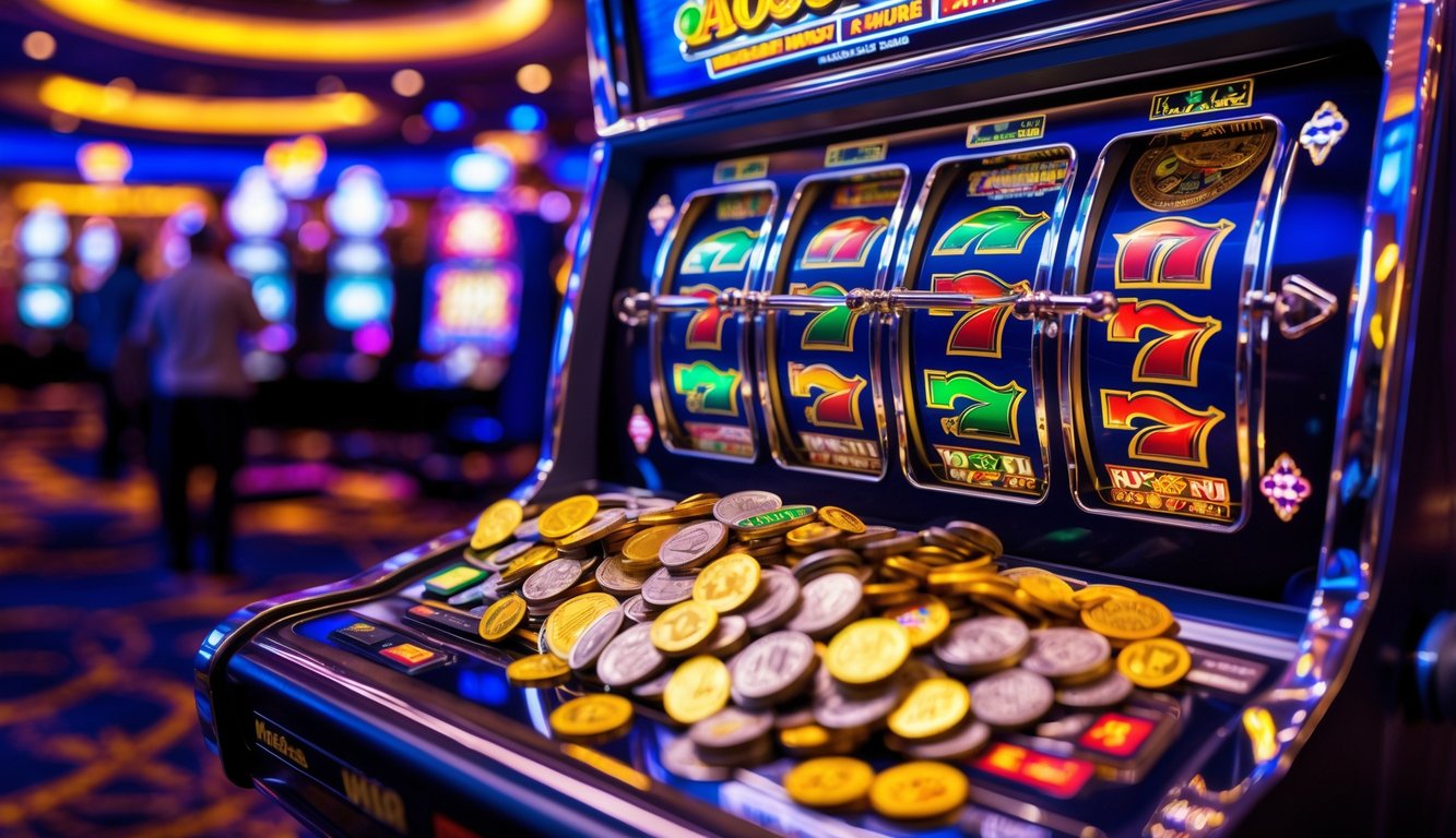 Mesin slot kasino dengan jackpot besar yang sedang menyala dan koin serta chip berjajar di sekitar mesin.