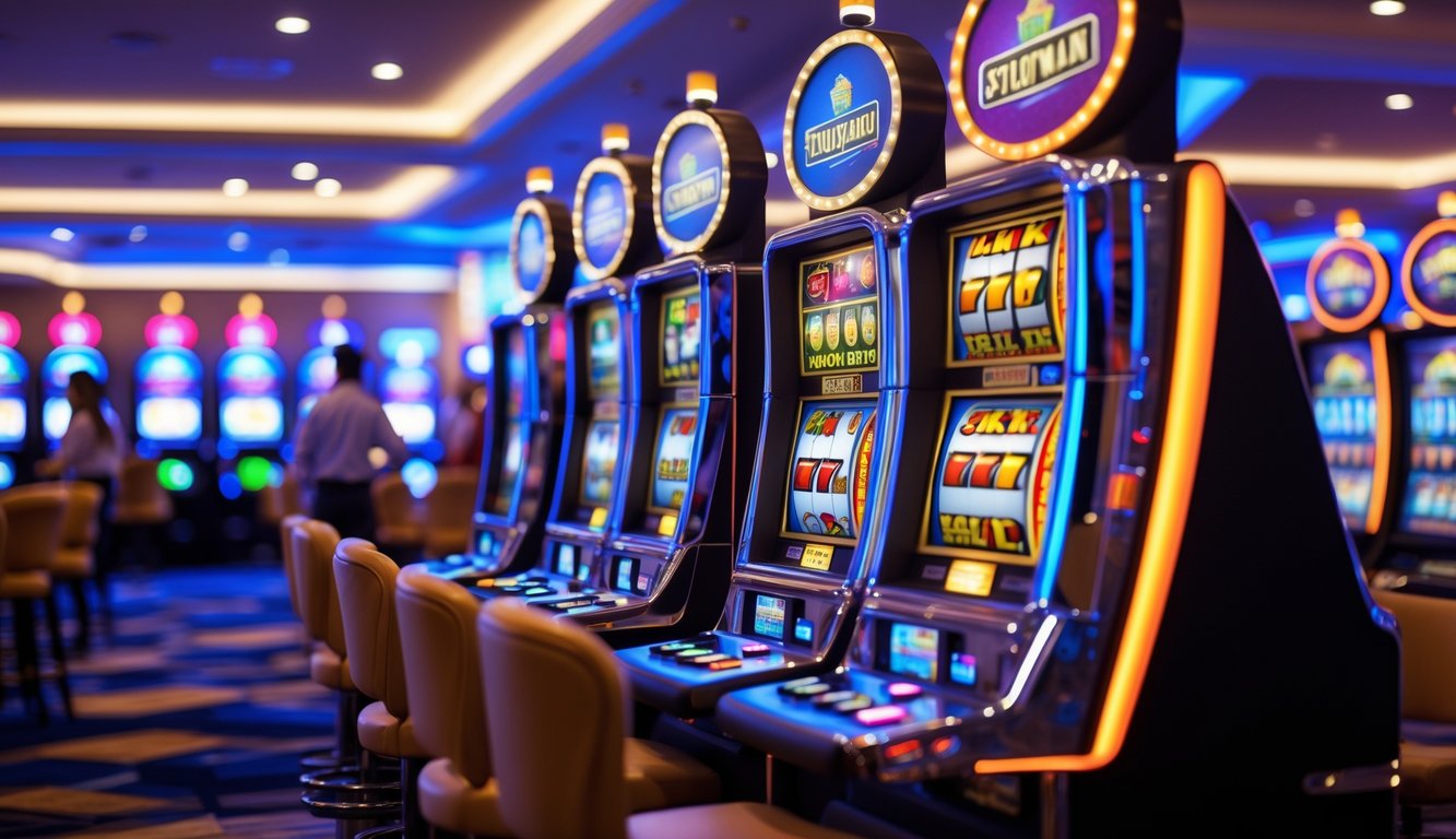 Area mesin slot di kasino dengan mesin slot berwarna cerah dan beberapa pemain di latar belakang.