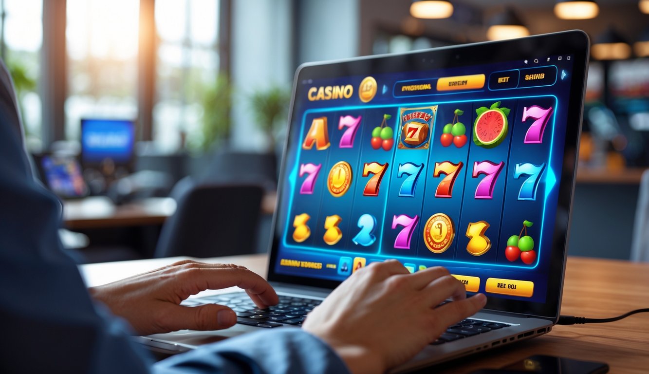Seseorang menggunakan laptop dengan tampilan permainan slot warna-warni di layar di sebuah kantor modern.