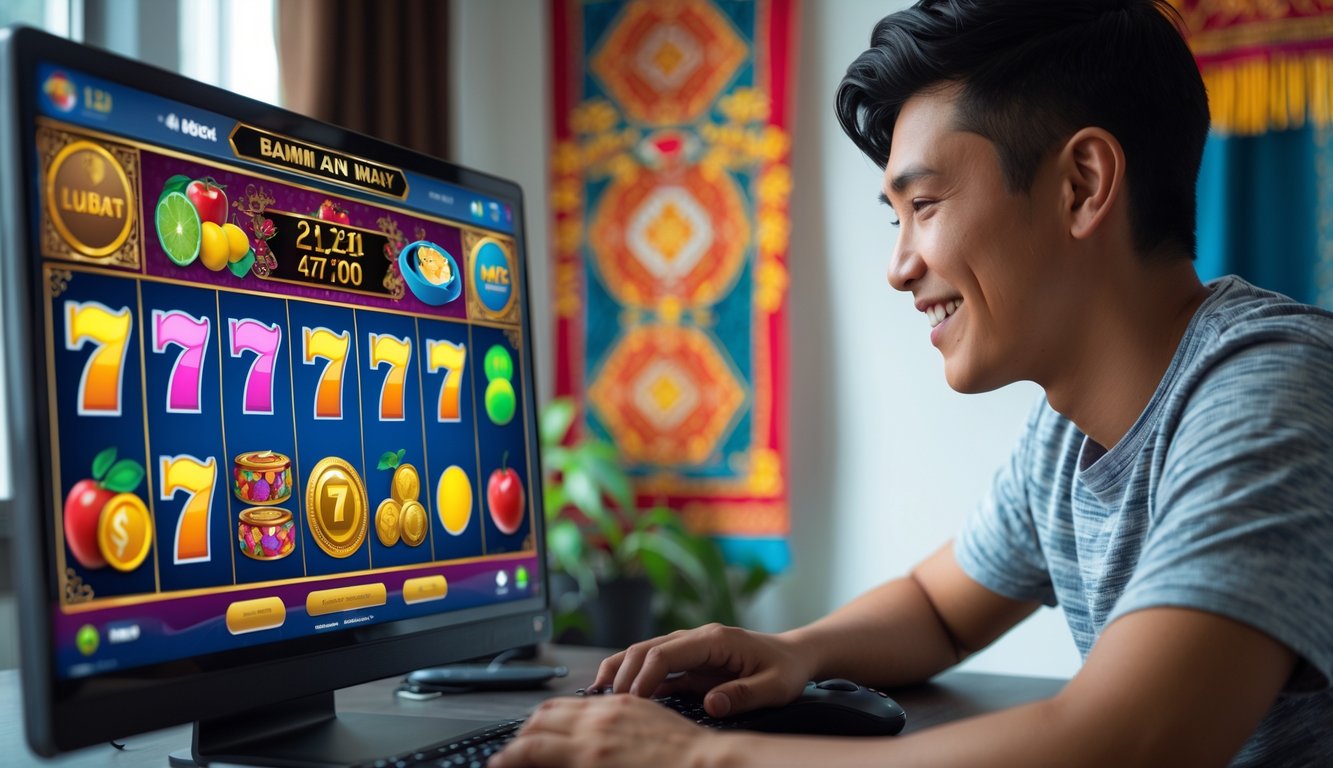 Seseorang sedang bermain mesin slot online di komputer dengan latar belakang elemen budaya Indonesia.