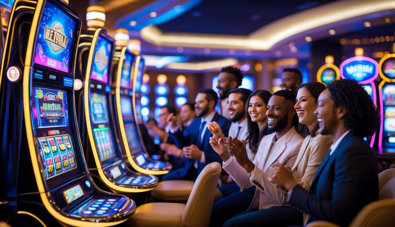 Area mesin slot modern dengan orang-orang yang sedang bermain di kasino.