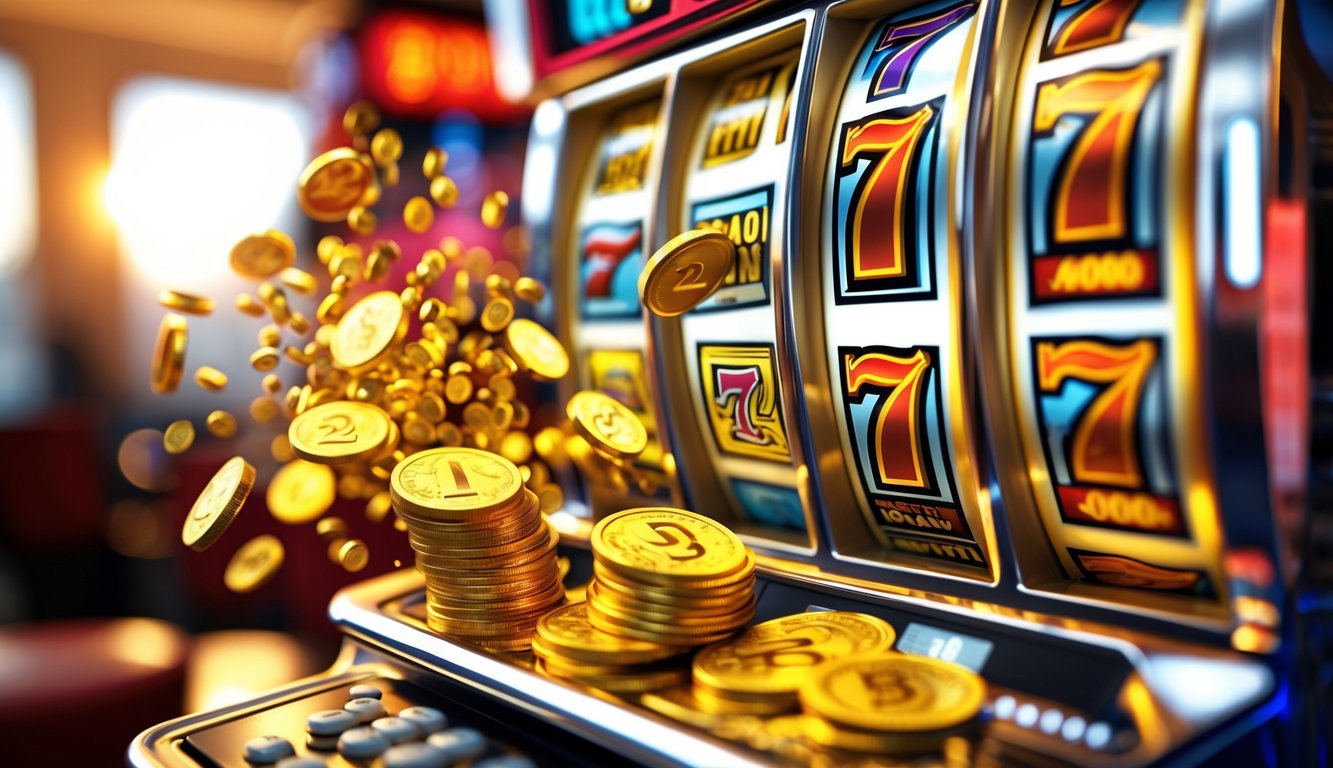 Mesin slot modern dengan koin emas dan chip kasino yang keluar, menunjukkan kemenangan besar.