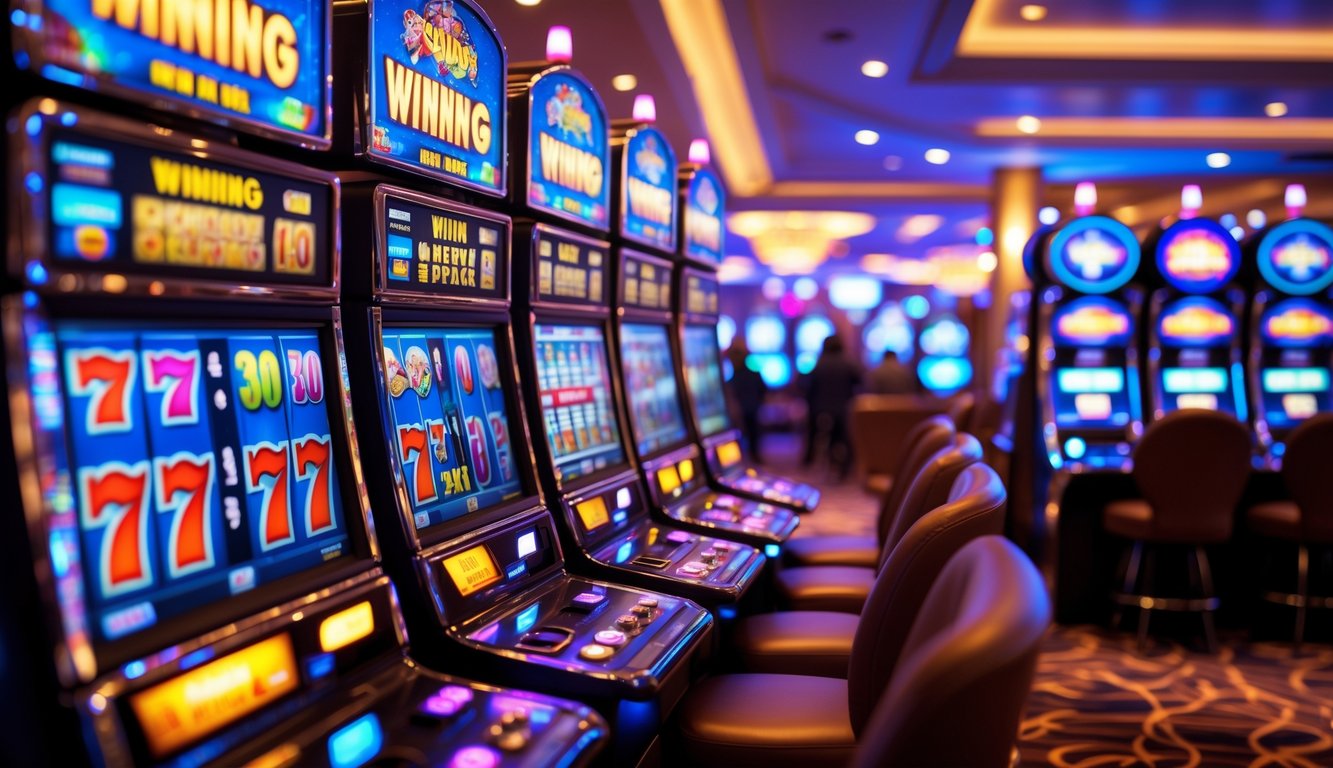 Barisan mesin slot modern dengan lampu warna-warni menyala dan gulungan yang berputar menunjukkan kombinasi kemenangan di dalam kasino yang mewah.