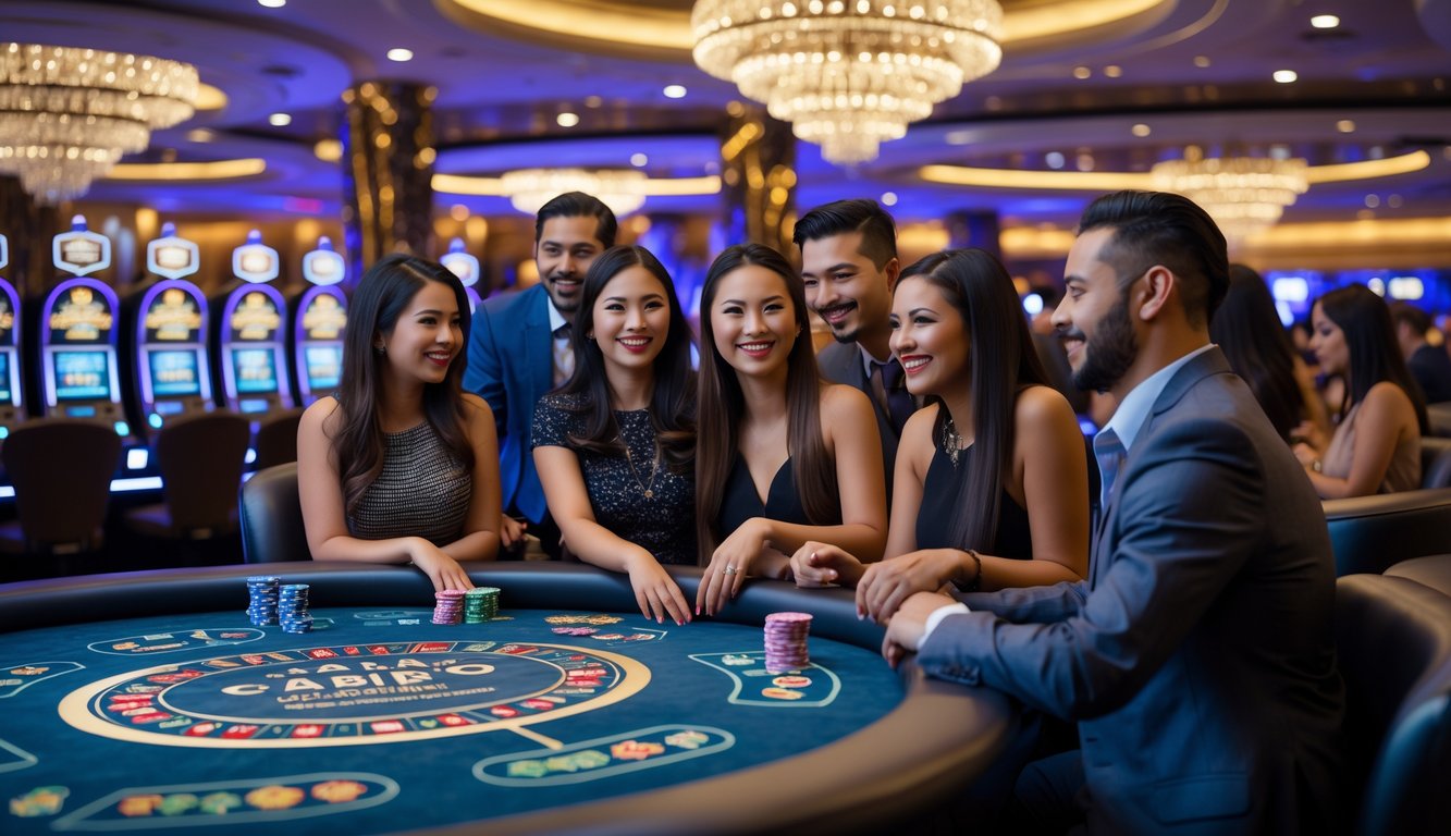 Interior kasino mewah dengan mesin slot dan meja poker, orang-orang berpakaian rapi menikmati suasana kasino.