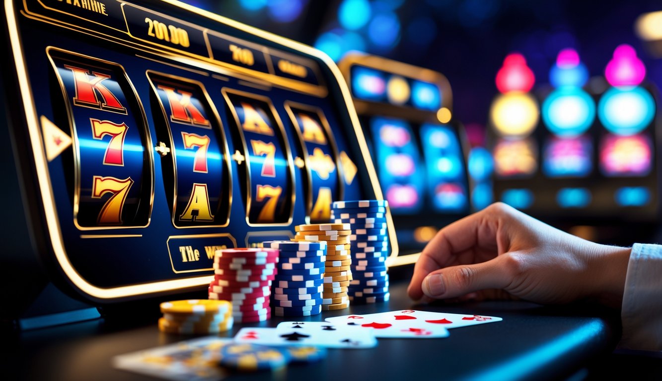 Antarmuka digital modern dengan mesin slot, chip poker, dan kartu bermain yang menonjol.