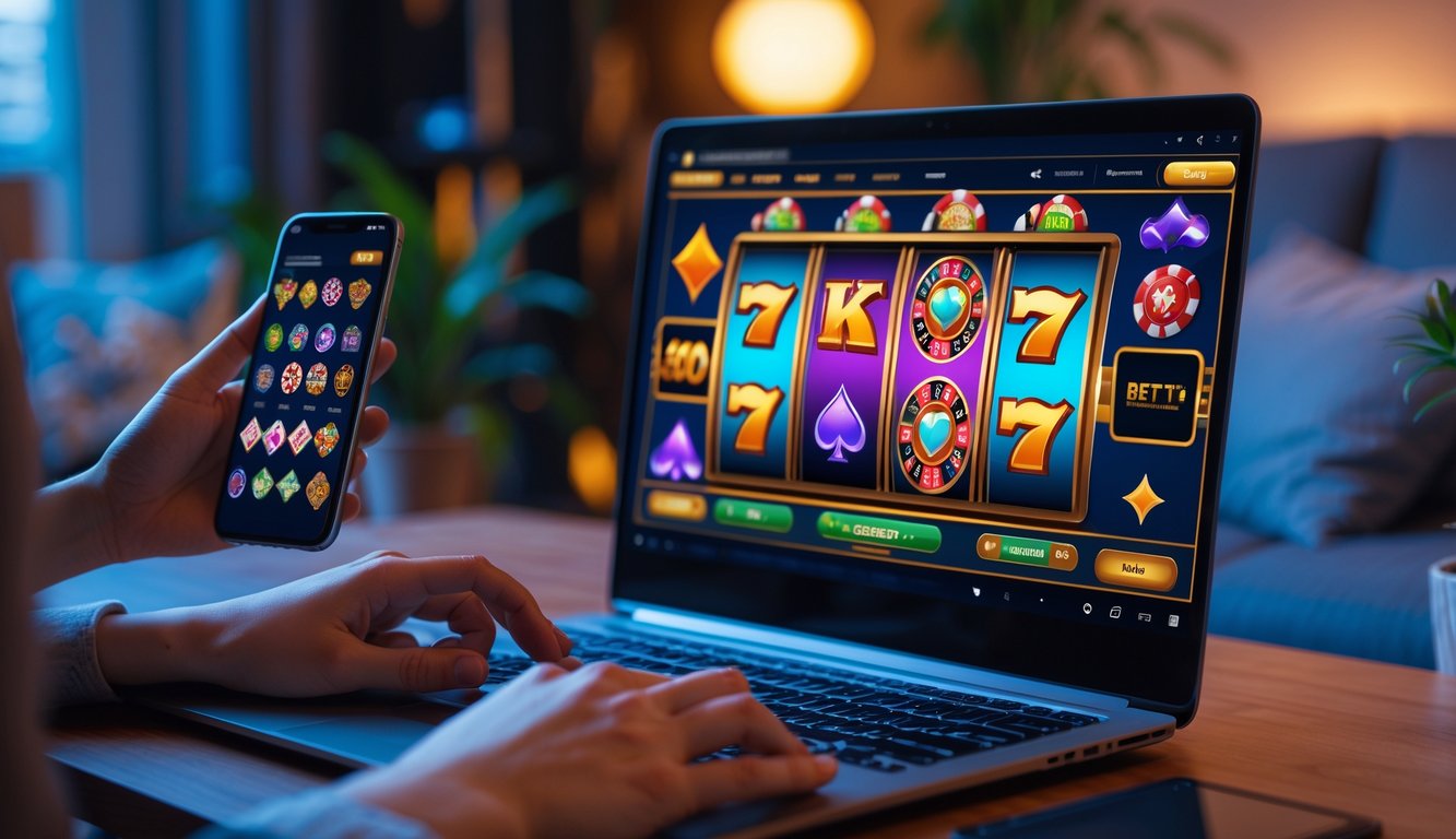 Seorang pengguna menggunakan laptop dan ponsel untuk bermain permainan kasino online di meja kayu dengan latar belakang ruangan yang nyaman.