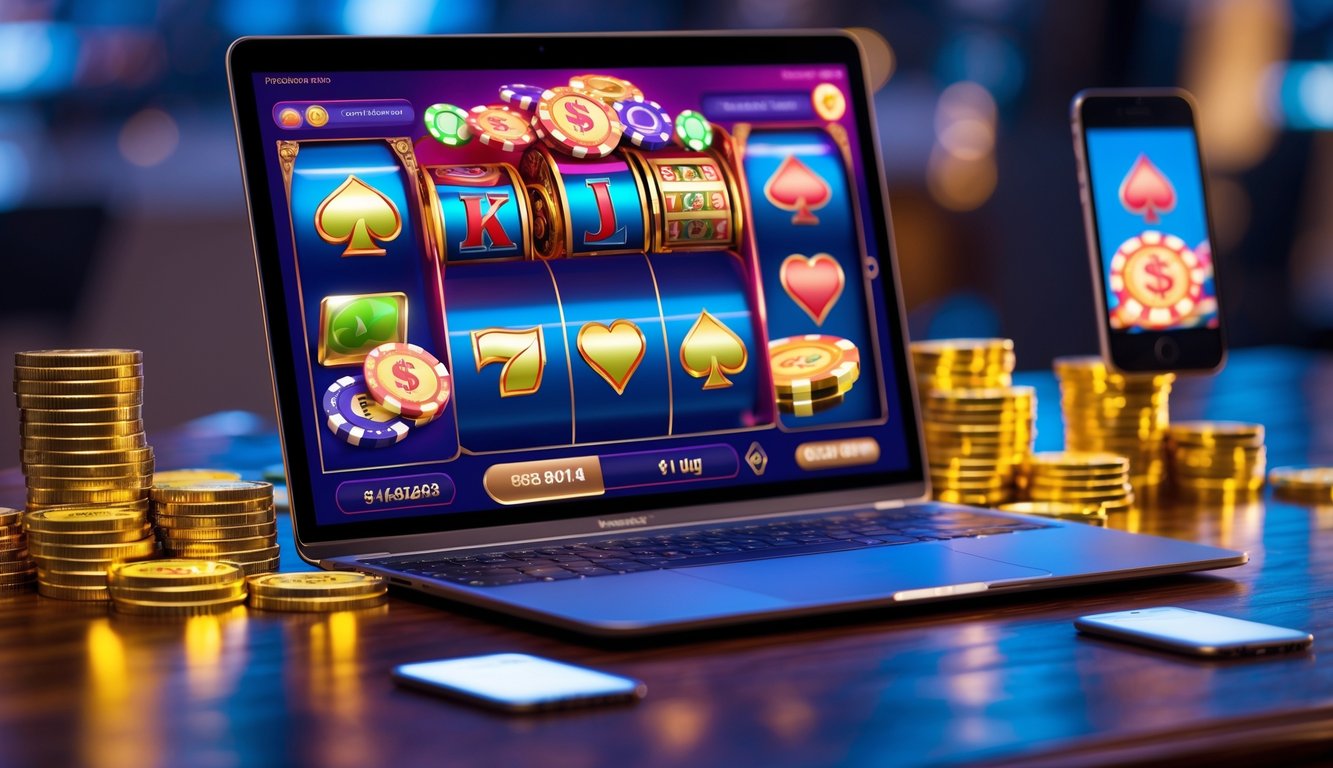 Sebuah laptop di atas meja kayu dengan layar menampilkan permainan kasino online, dikelilingi oleh tumpukan chip poker dan koin emas.