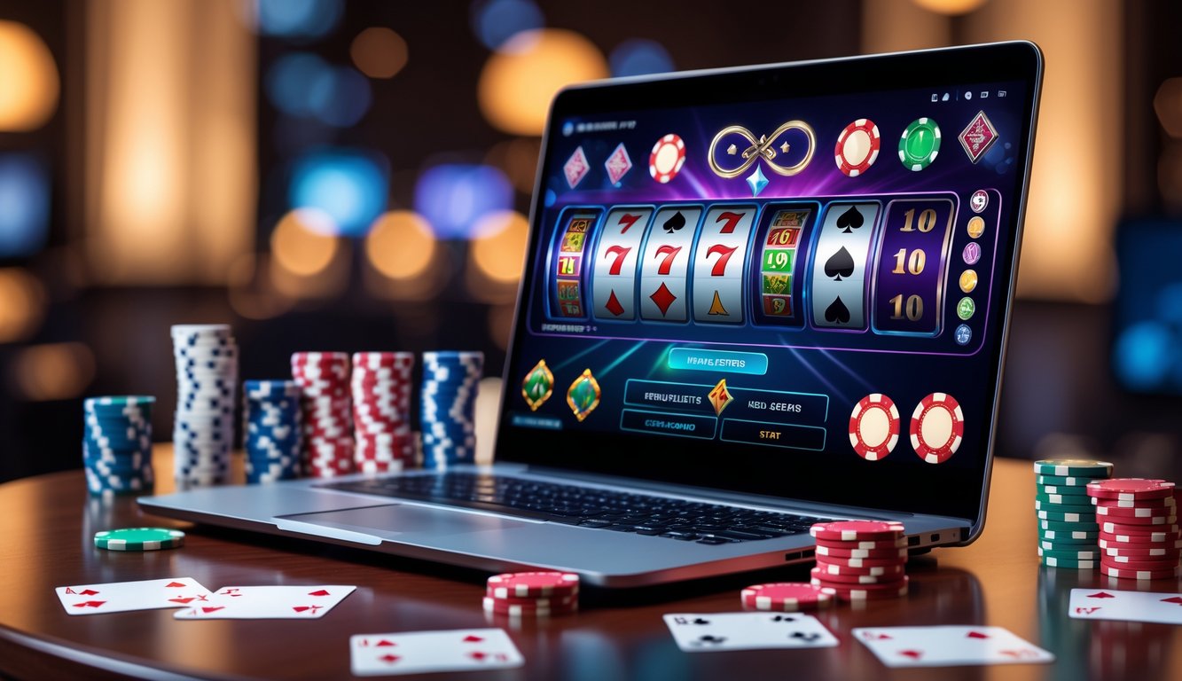 Sebuah laptop menampilkan permainan kasino online dengan chip poker, kartu remi, dan dadu di atas meja kayu.