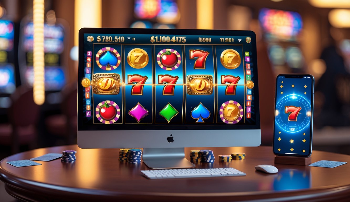 Layar komputer dan ponsel menampilkan permainan slot kasino online dengan simbol warna-warni, di atas meja kayu dengan beberapa chip poker dan kartu di sekitarnya.