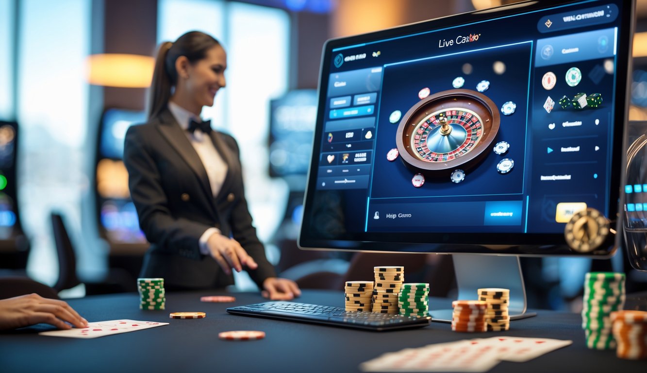 Suasana kasino langsung online dengan dealer profesional dan antarmuka permainan di layar komputer.