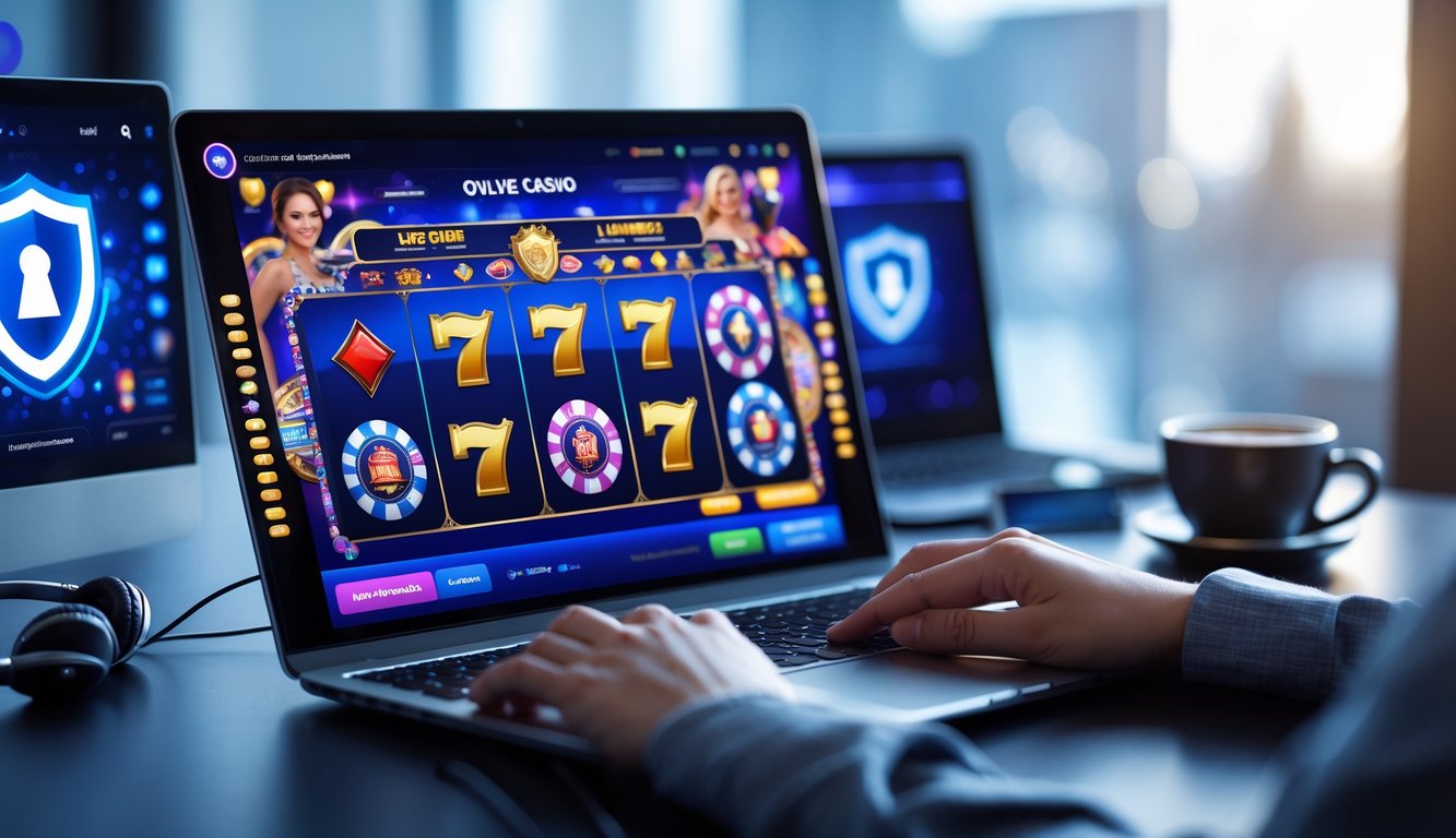 Seorang pengguna duduk di depan laptop dengan tampilan permainan kasino online yang aman dan terpercaya di layar.