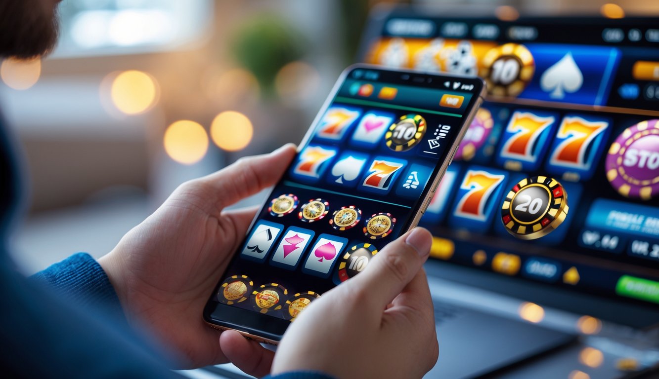Seseorang memegang ponsel dengan tampilan permainan kasino online yang berwarna-warni di layar.