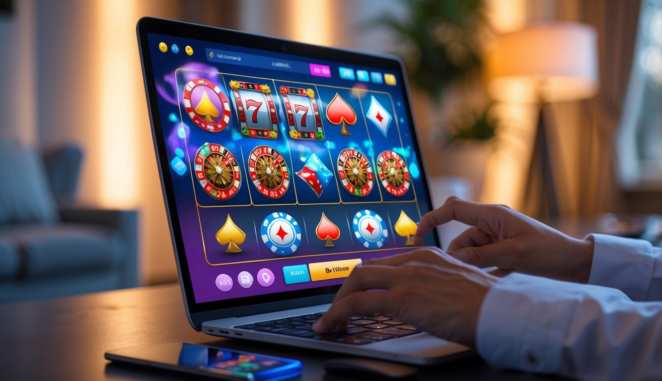 Seseorang menggunakan komputer dengan tampilan permainan kasino online di layar.