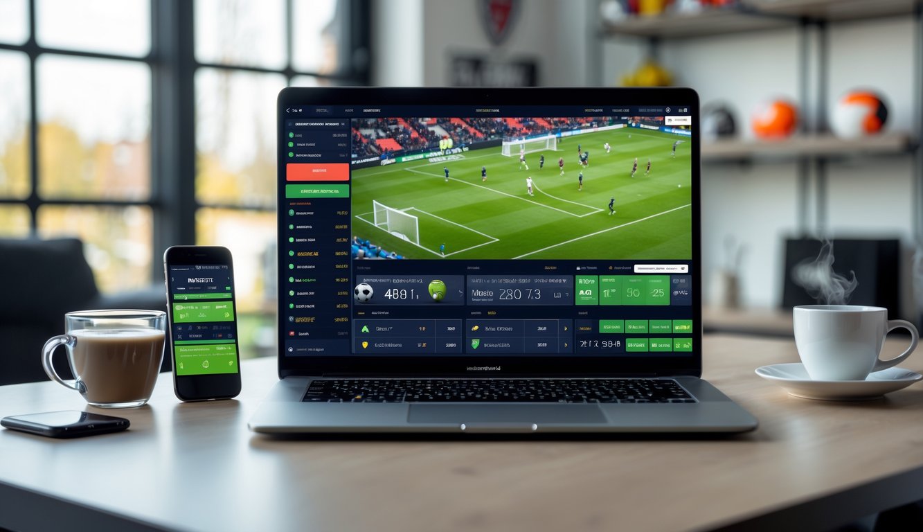 Seorang pria menggunakan laptop di meja kerja dengan tampilan pertandingan sepak bola dan perangkat smartphone di sekitarnya.