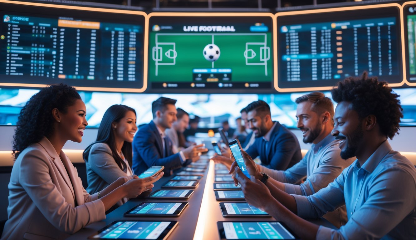Orang-orang di lingkungan taruhan olahraga modern dengan layar besar menampilkan pertandingan sepak bola dan statistik.