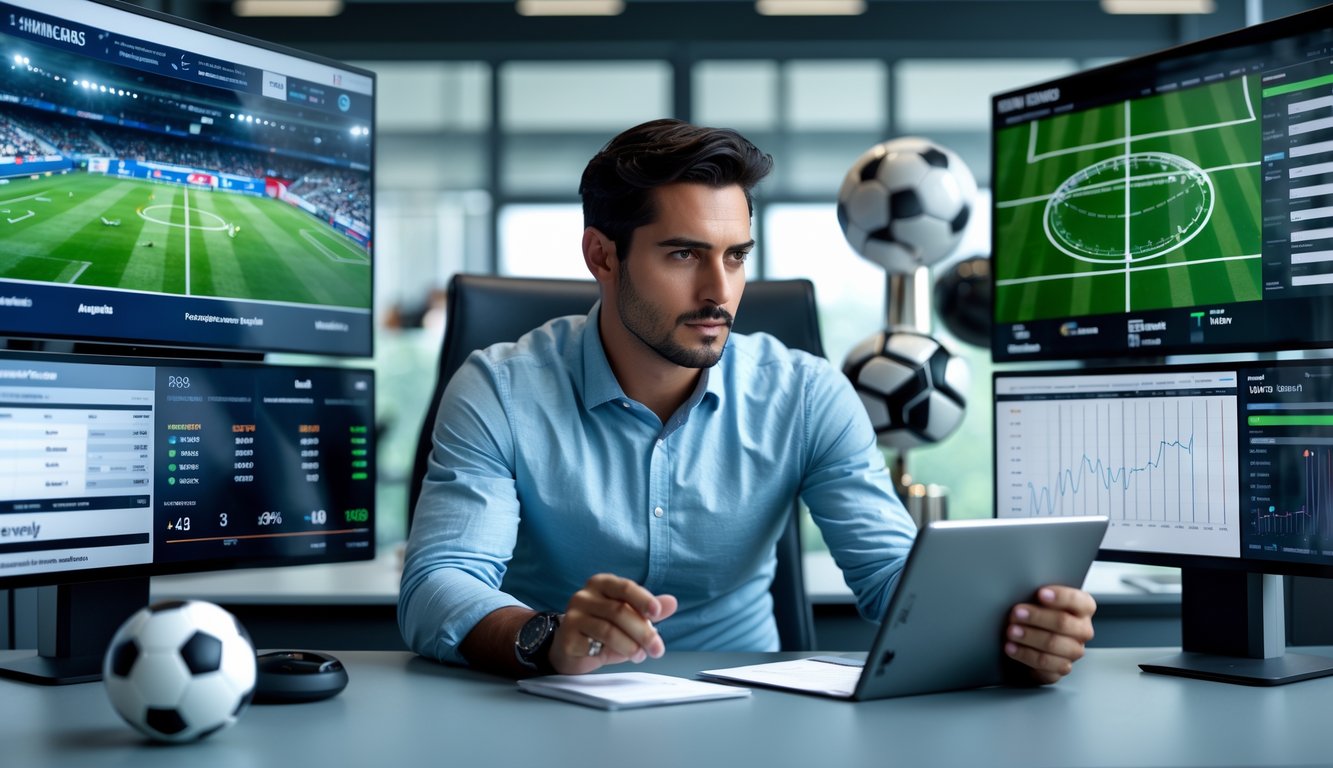 Seorang analis olahraga sedang memeriksa data pertandingan sepak bola di meja kerjanya dengan beberapa layar besar yang menampilkan statistik dan video pertandingan.