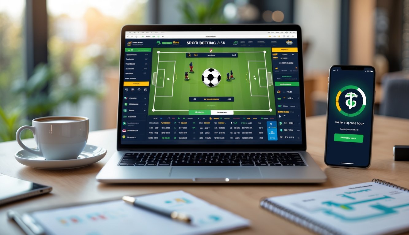 Seorang pria duduk di depan laptop dengan tampilan antarmuka taruhan sepak bola online, dikelilingi oleh ponsel, kopi, dan buku catatan di meja kerja.