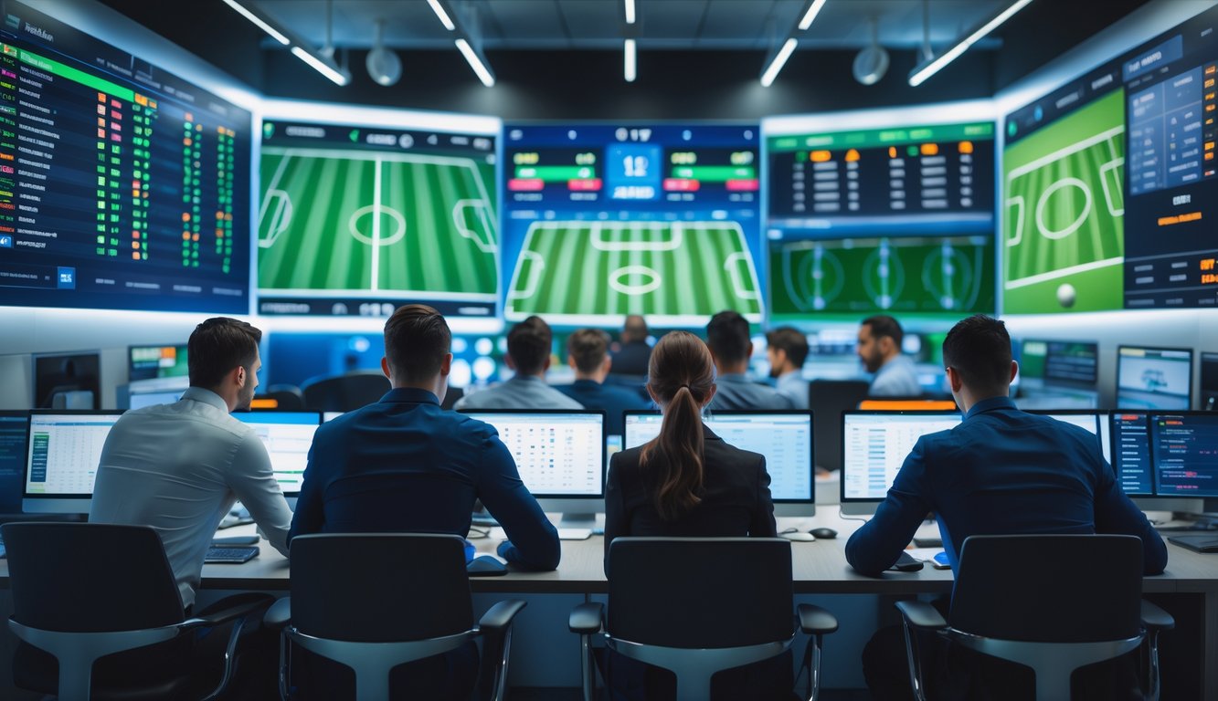 Orang-orang profesional sedang menganalisis data taruhan sepak bola di ruang kerja modern dengan layar besar yang menampilkan statistik dan peluang pertandingan.