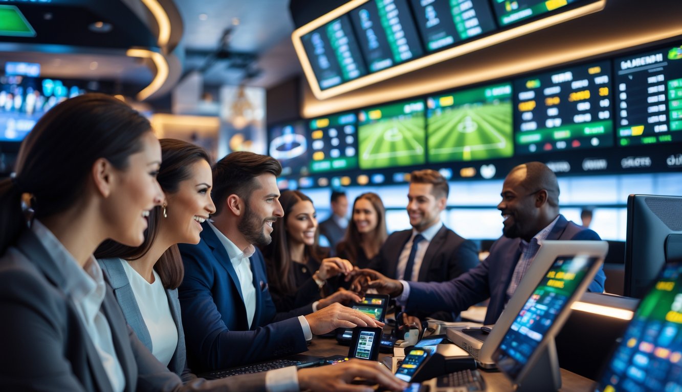 Orang-orang sedang memasang taruhan olahraga di ruang taruhan dengan layar digital dan suasana profesional.