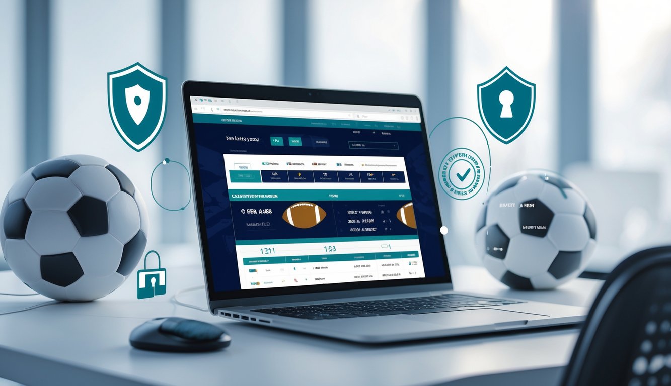 Seorang pria menggunakan laptop di meja kerja dengan tampilan situs taruhan bola yang aman, dikelilingi simbol keamanan seperti ikon perisai dan gembok.