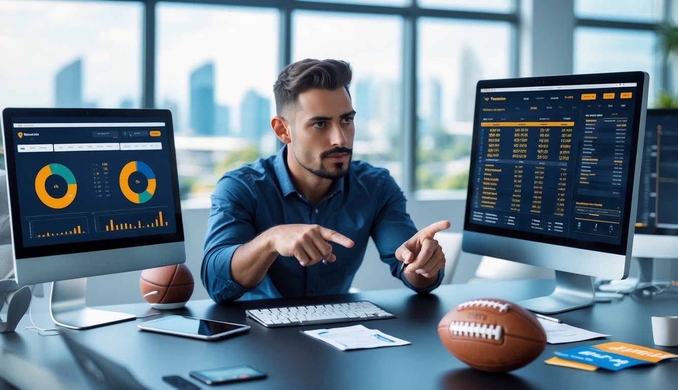 Seorang pria sedang menganalisis data taruhan bola di kantor modern dengan beberapa layar komputer dan alat kerja di meja.