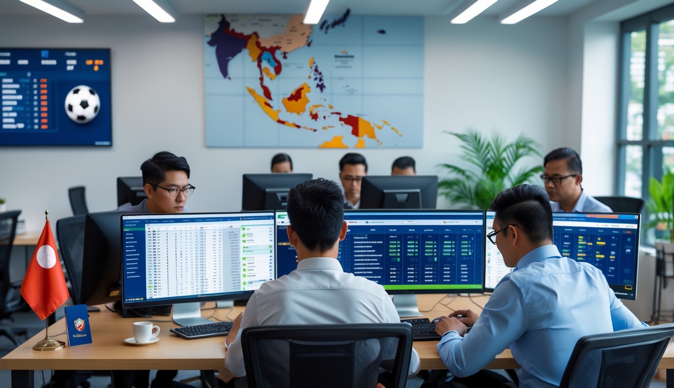 Sejumlah profesional sedang bekerja di kantor modern dengan layar komputer menampilkan statistik dan data pertandingan sepak bola, dengan bendera kecil Indonesia di meja dan peta Indonesia di dinding.